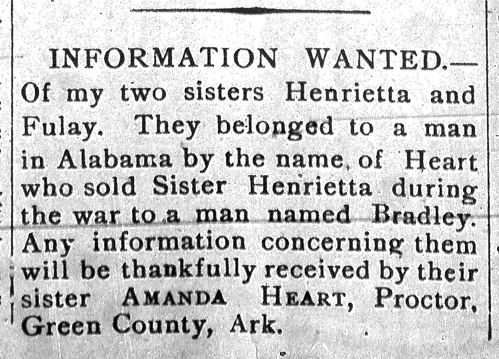 Amanda Heart searching for sisters Henrietta and Fulay (1st of 2 ads)