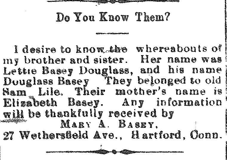 Mary A. Basey searching for her brother Douglass Basey and sister Lettie Basey Douglass