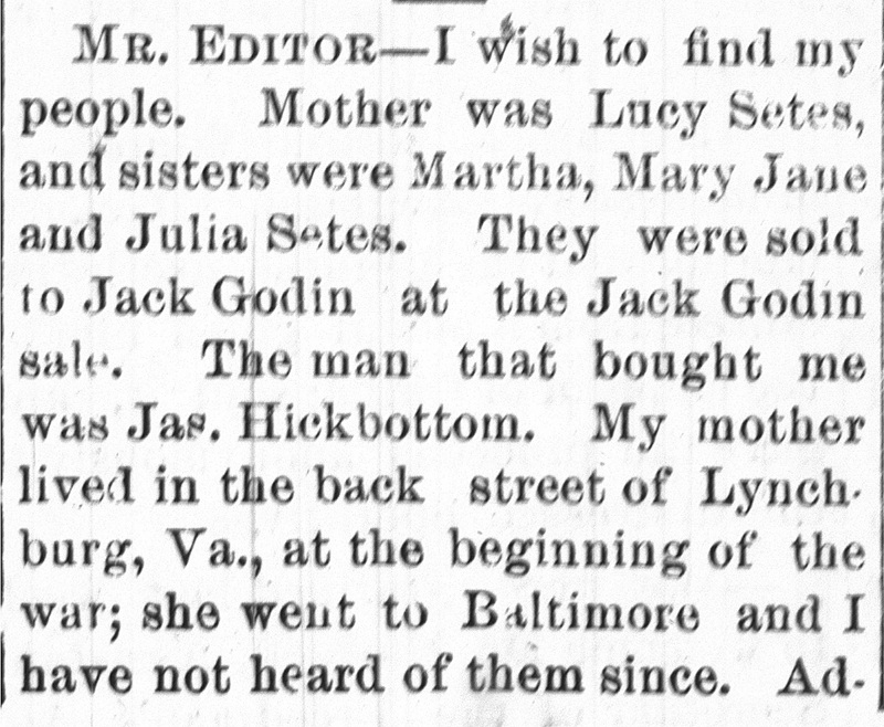 Setes searching for their mother Lucy Setes, and sisters Martha, Mary Jane, and Julia Setes