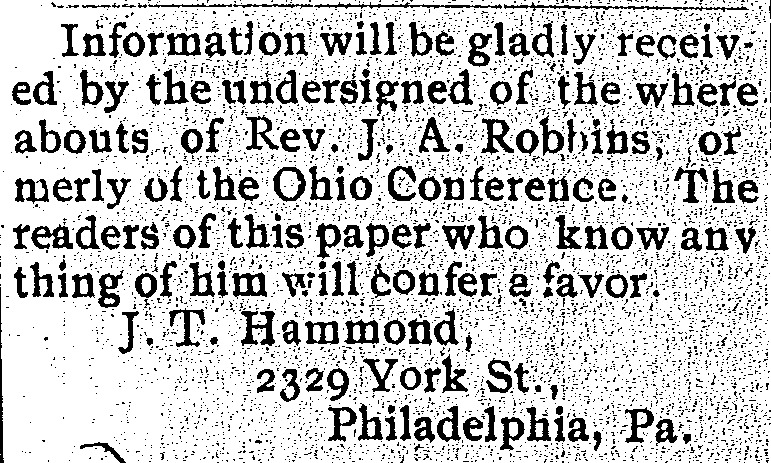 J. T. Hammond seeking information of Rev. J. A. Robbins