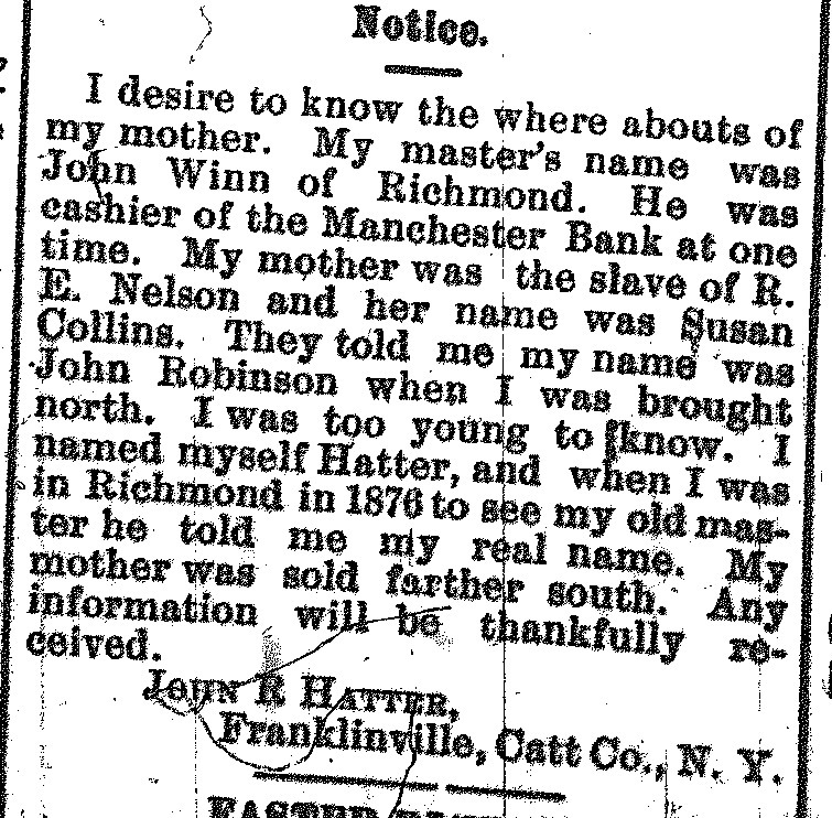 John R. Hatter seeking information of his mother Susan Collins