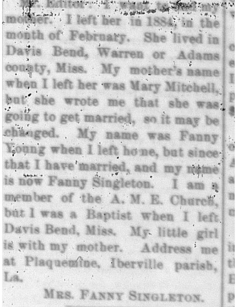 Mrs. Fanny Singleton (formerly Fanny Young) searching for her mother Mary Mitchell