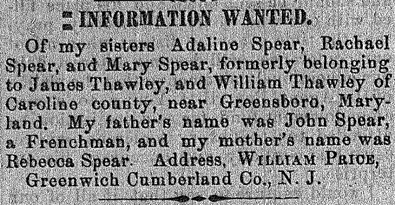 William Price searching for his sisters Adaline, Rachael and Mary Spear