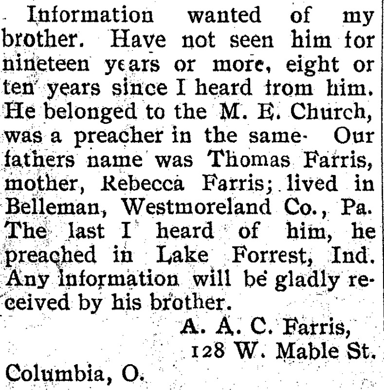 A. A. C. Farris seeking information of his unnamed brother