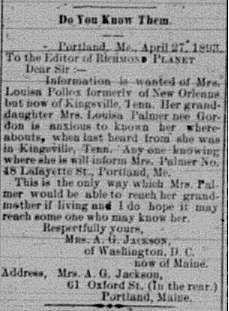 Mrs. A. G. Jackson searching for Mrs. Louisa Pollox