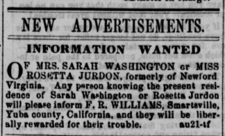 F. R. Williams searching for Mrs. Sarah Washington or Miss Rosetta Jurdon