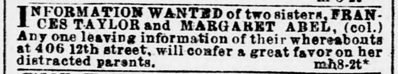 Kesiah Abell searching for her daughters, Frances Taylor and Margaret Abel [aka Margaret Abell] (2nd of 3 ads placed)