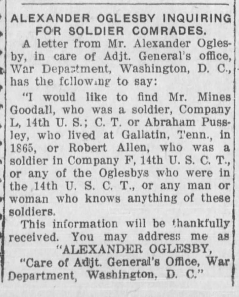 Alexander Oglesby searching for three Civil War veterans Mr. Mines Goodall, Abraham Pussley, and Robert Allen