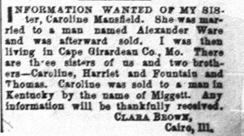 Clara Brown seeking information about her sister Caroline Mansfield