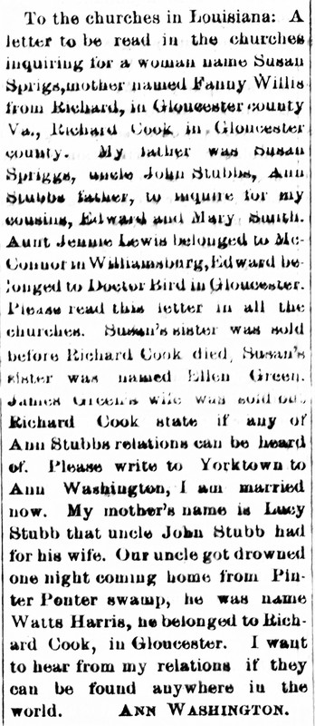 Ann Washington (formerly Ann Stubbs) seeking information about her cousin Susan Sprigs