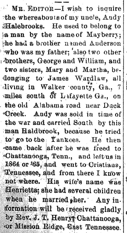 J. T. Henry seeking information about his uncle Andy Halebrooks 