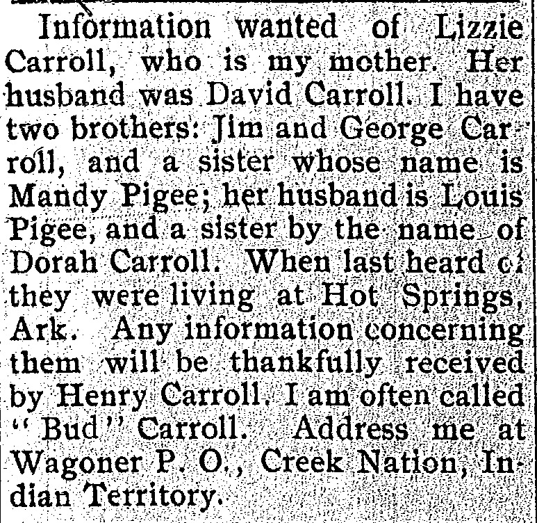 Henry &quot;Bud&quot; Carroll seeking information of his mother Lizzie Carroll.