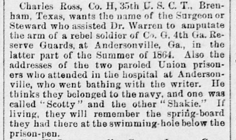 Charles Ross searching for soldiers he knew at Andersonville Prison during the Civil War 