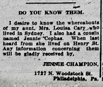 Jennie Champion searching for Mrs. Louisa Cary and her cousin Jennie Cephas