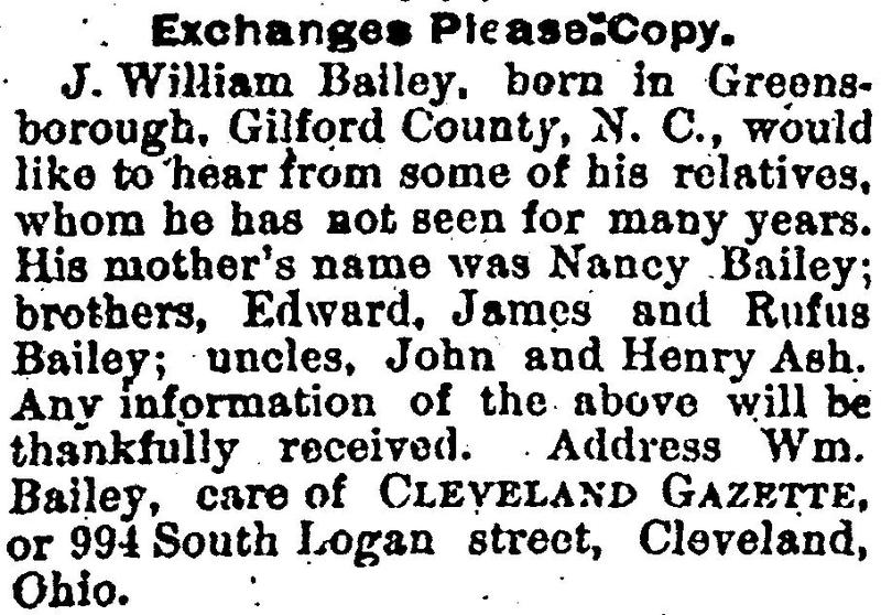 J. William Bailey seeking his mother Nancy Bailey, brothers Edward, James, and Rufus Bailey, and uncles John and Henry Ash