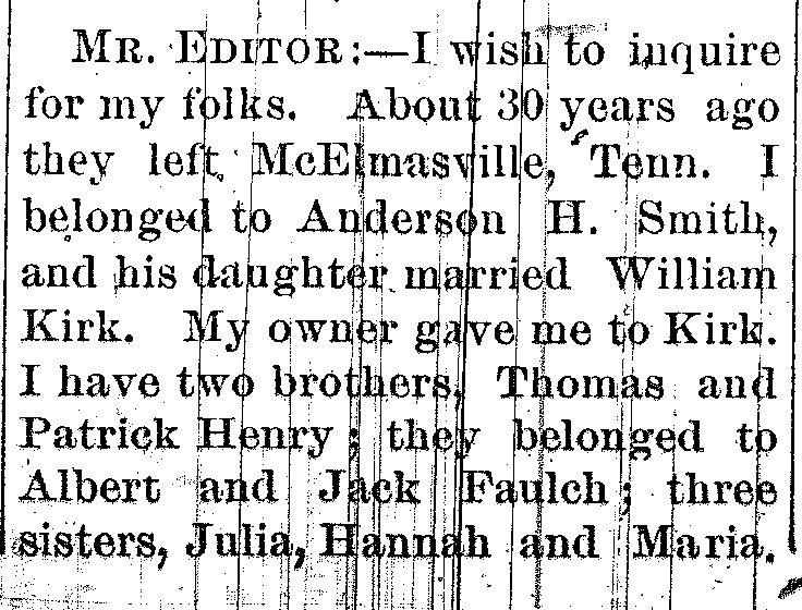 Mary Piggue (formerly Mary Kirk) searching for her mother Violet, brothers Thomas and Patrick Henry, and sisters Julia, Hannah and Maria