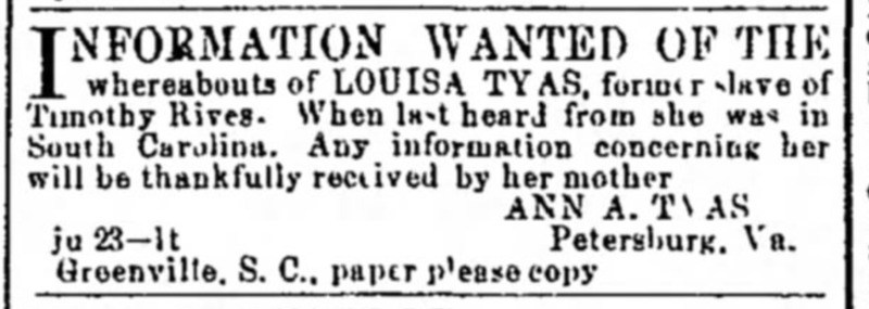 Ann A. Tyas looking for her daughter Louisa Tyas