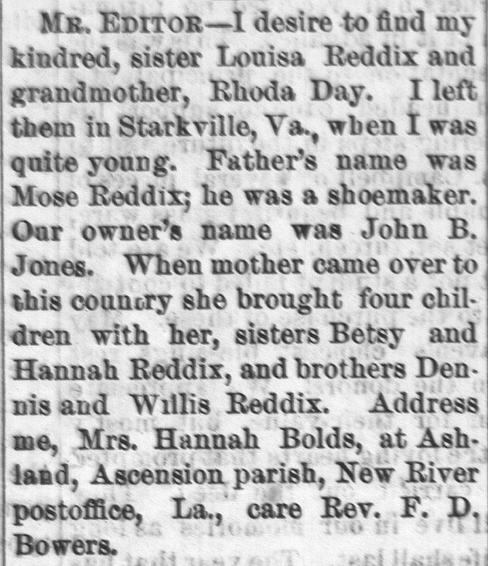 Mrs. Hannah Bolds searching for her sister Louisa Reddix and grandmother Rhoda Day