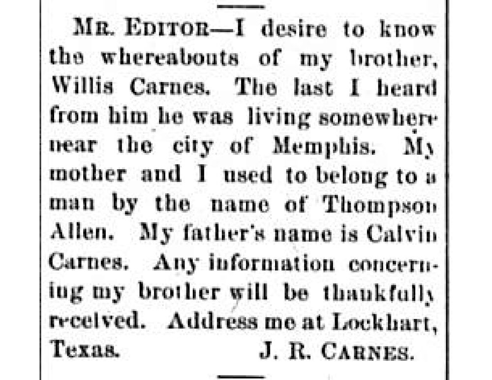 J. R. Carnes searching for their brother William Carnes 