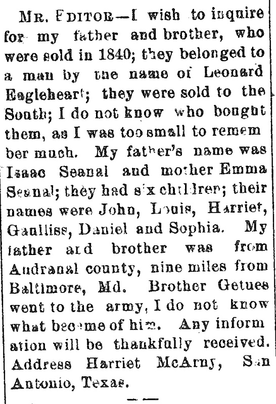 Harriet McArny seeking information about her father Isaac Seanal and brother Getues 