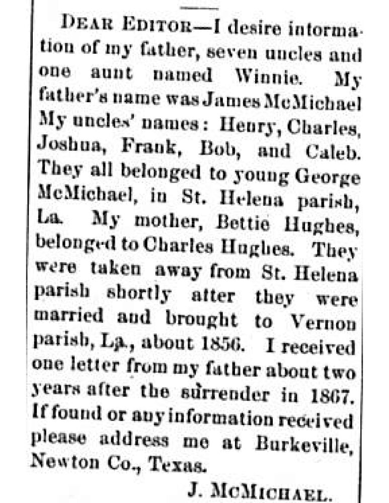 J. McMichael searching for his father James McMichael, seven uncles, and aunt Winnie