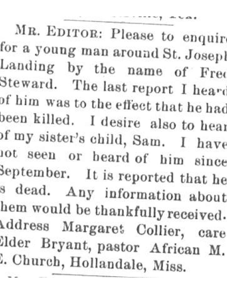 Margaret Collier seeking Fred Steward and her nephew Sam