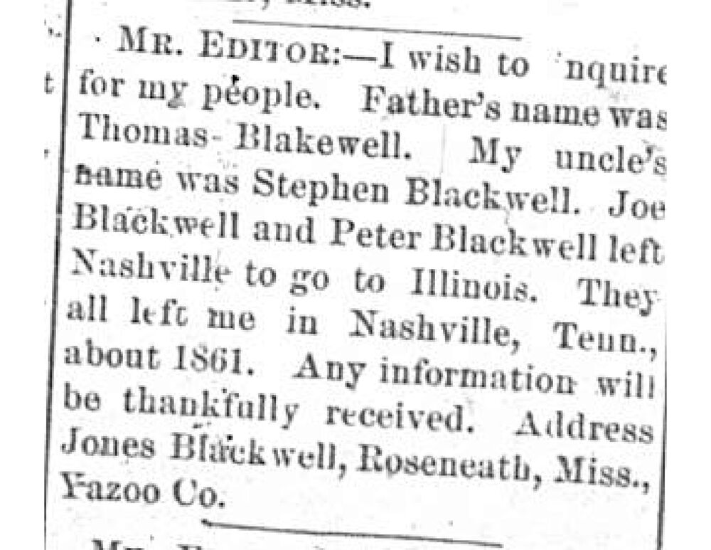 Jones Blackwell searching for his father Thomas Blakewell and uncles