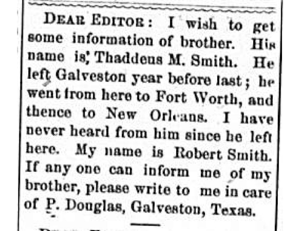 Robert Smith searching for his brother Thaddeus M. Smith