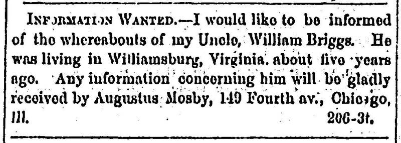 Augustus Mosby seeks uncle William Briggs