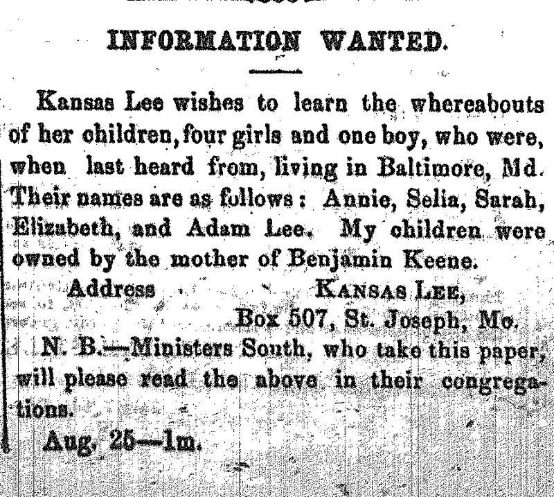 Kansas Lee searching for her children Ann, Selia, Sarah, Elizabeth and Adam Lee.