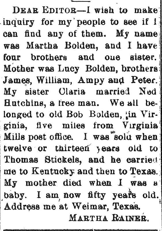 Martha Rainer (formerly Martha Bolden) searching for her siblings James, William, Ampy, Peter, and Claria