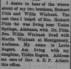 Lovie Rogers seeking her brothers Richard Pitts and Willis Winbush