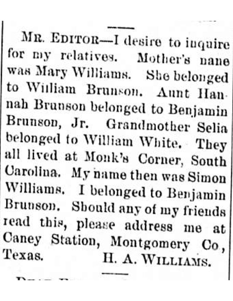 H. A. Williams (formerly Simon Williams) searching for his mother Mary Williams, aunt Hannah Brunson, and grandmother Selia 