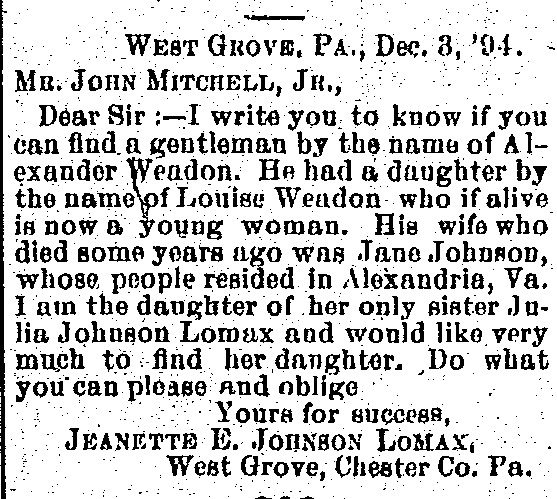 Jeanette Johnson looking for her uncle Alexander Weadon and her cousin Louise Weadon