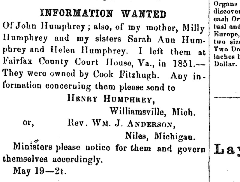 Henry Humphrey searching for John Humprey,  his mother Milly Humprey, and sisters Sarah Ann and Helen