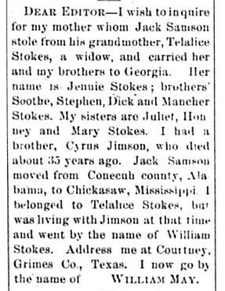 William May (formerly William Stokes) searching for his mother Jennie Stokes