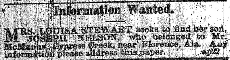 Louisa Stewart seeking information about her son Joseph Nelson