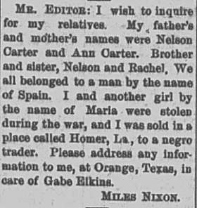 Miles Nixon seeking his father Nelson Carter, mother Ann Carter, and siblings