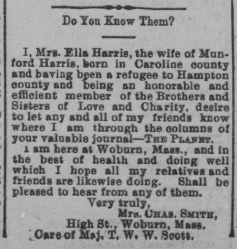 Mrs. Ella Harris or Mrs. Chas. Smith searching for relatives and friends