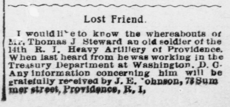 J. E. Johnson searching for friend Thomas J. Steward