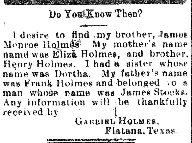 Gabriel Holmes searching for his brother James Monroe Holmes