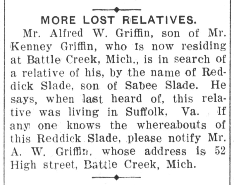 Mr. Alfred W. Griffin searching for Reddick Slade 