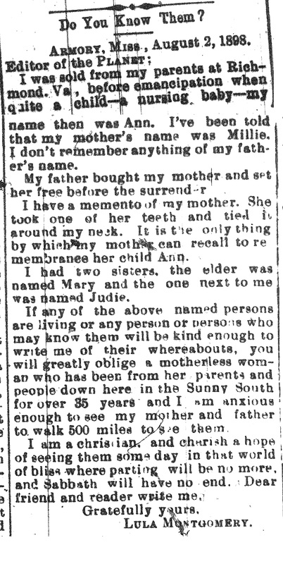 Lula Montgomery looking for her mother Millie, her two sister&#039;s Mary and Judie, and her father whose name she does not remember