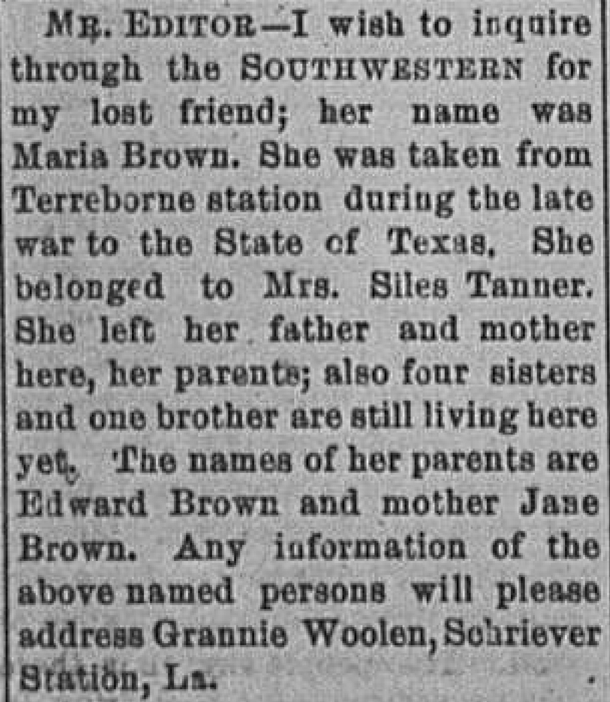 Grannie Woolen seeking her friend Maria Brown