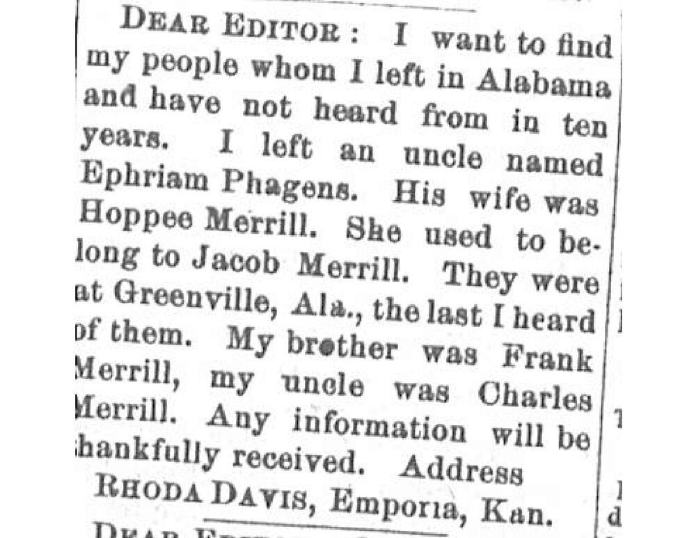 Rhoda Davis seeking her uncles Ephriam Phagens and Charles Merrill, and her brother Frank Merrill