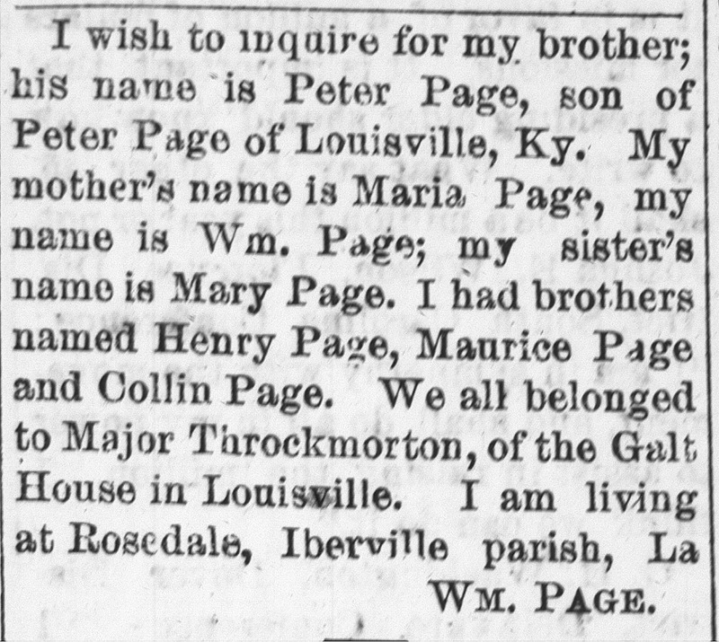 William Page searching for his father, mother, aunt, and brothers