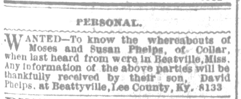 David Phelps searching for his parents, Moses Phelps and Susan Phelps 