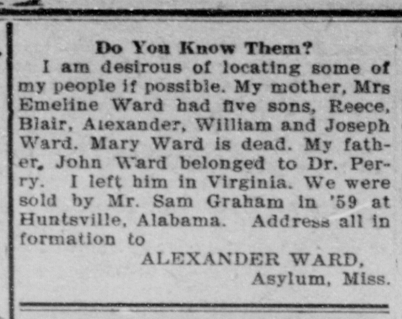 Alexander Ward searching for his mother Mrs. Emeline Ward, father John Ward, and his siblings