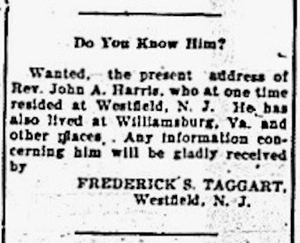 Frederick S. Taggart searching for Rev. John A. Harris