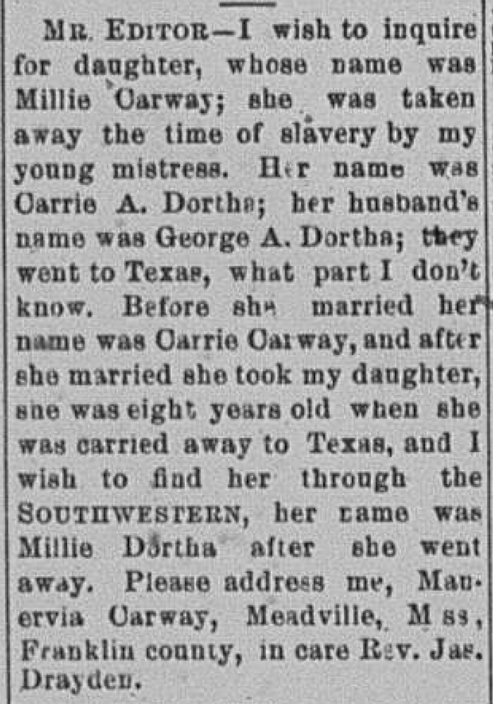 Manervia Carway searching for her daughter Millie Dortha (formerly Millie Carway)